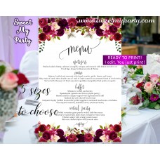 Floral burgundy Wedding Menu card, Purple wedding menu card,(032w) Floral burgundy Wedding Menu card, Purple wedding menu card,(032w)